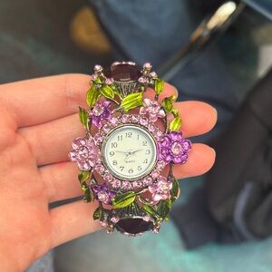 Floral Quartz Watch with Purple and Green Accents